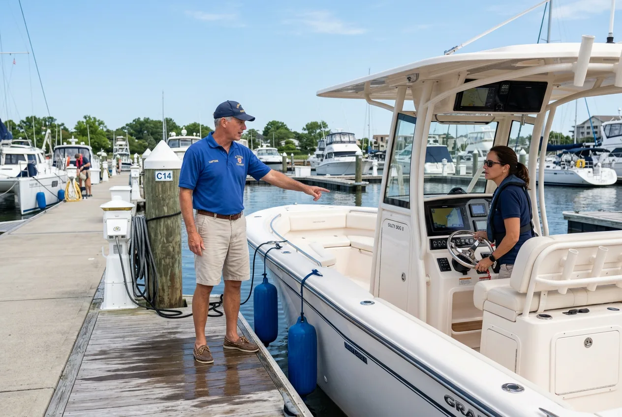 A captain instructing an owner aboard a vessel at the marina